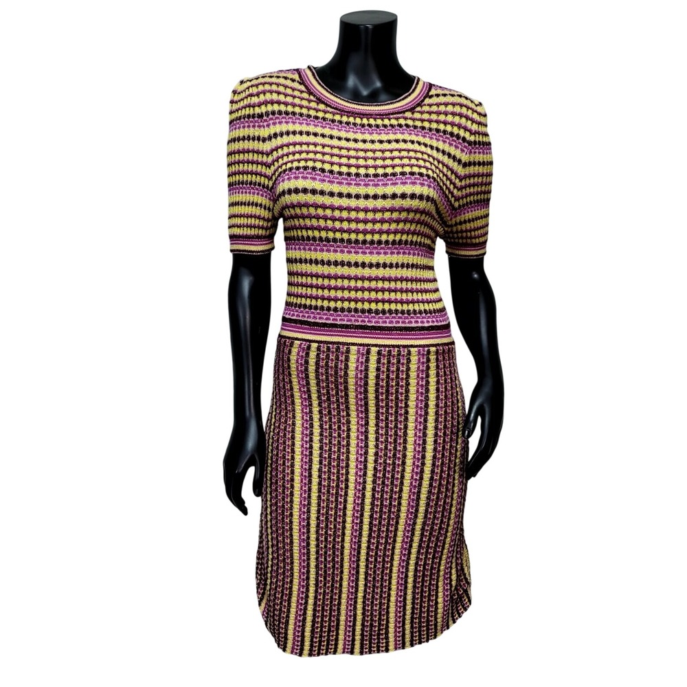 Free People Shimmer Into You Knit Sweater Dress XS Metallic Purple Yellow Stripe